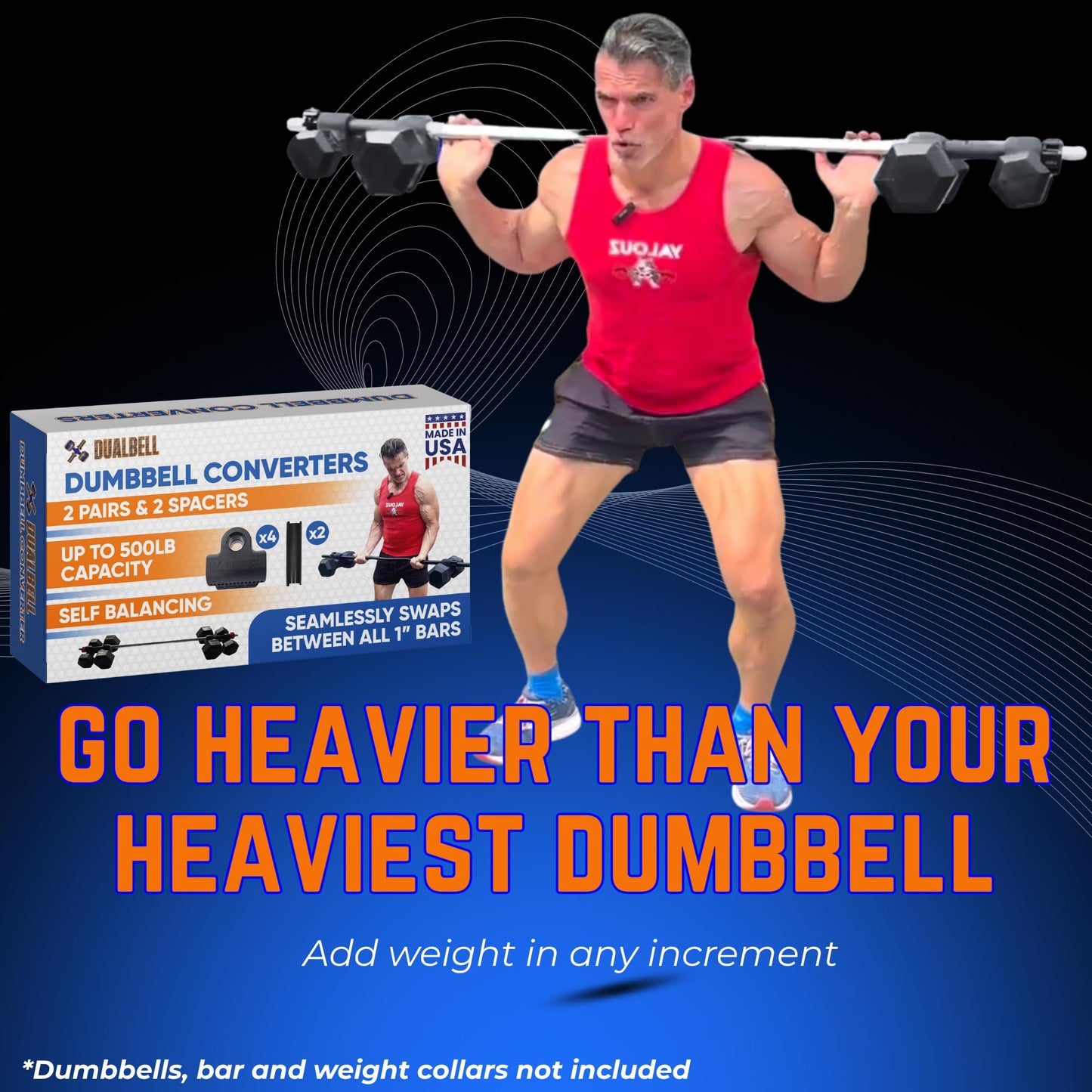 Dualbell Dumbbells to Barbell Converters- Quick Setup Dumbbell Connectors, 500lb Capacity Barbell Adapters, Secure Fit, Quick Setup, Fits 1" Bars, Home Gym Equipment, Black Superset w/Yellow Collar