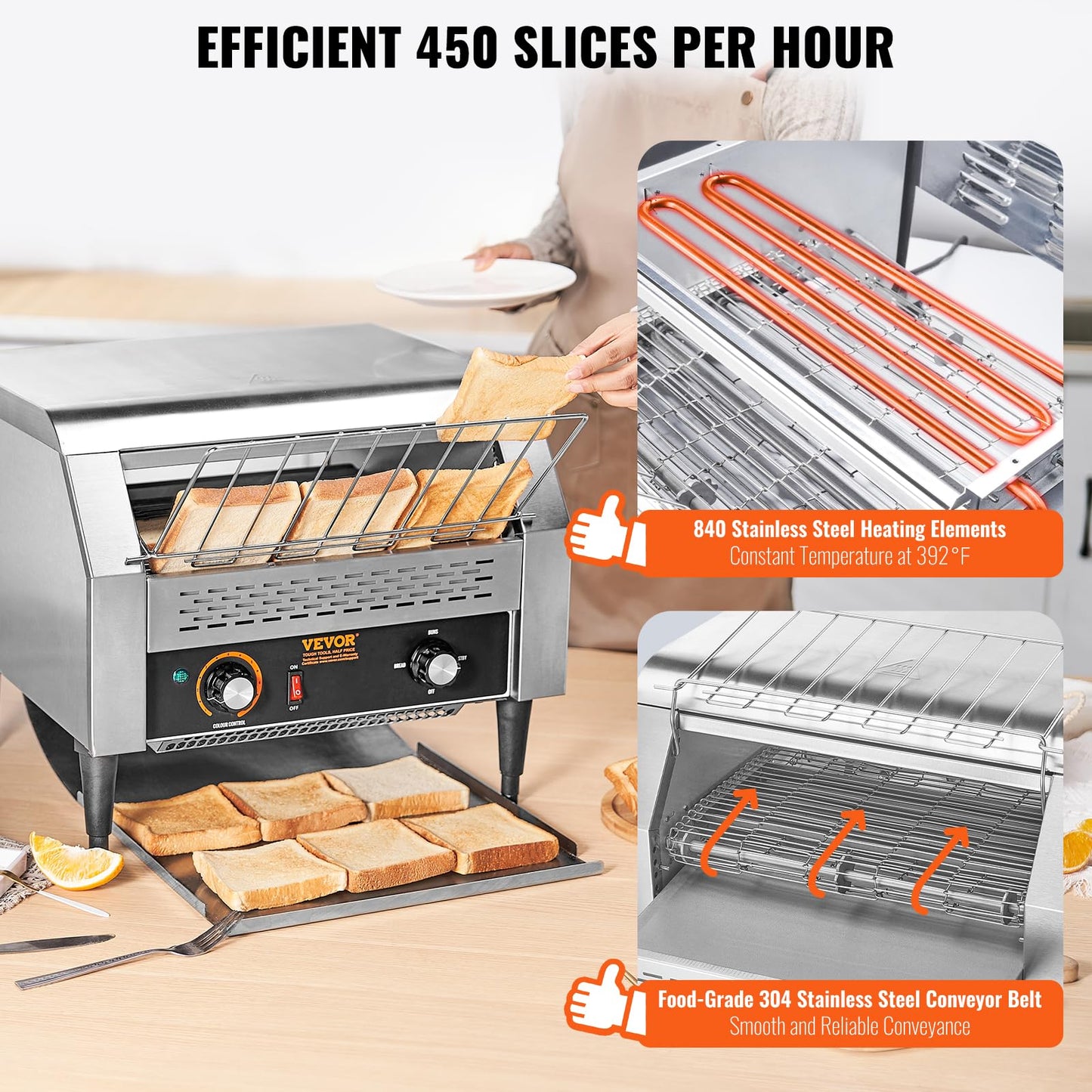 VEVOR 1770W Commercial Conveyor Toaster, 450 Slices per Hour, Heavy Duty Electric Toaster Oven, Food-Grade 304 Stainless Steel Conveyor Belt, Dual Knob Control, for Restaurant Bakery Bread Bagel Bun
