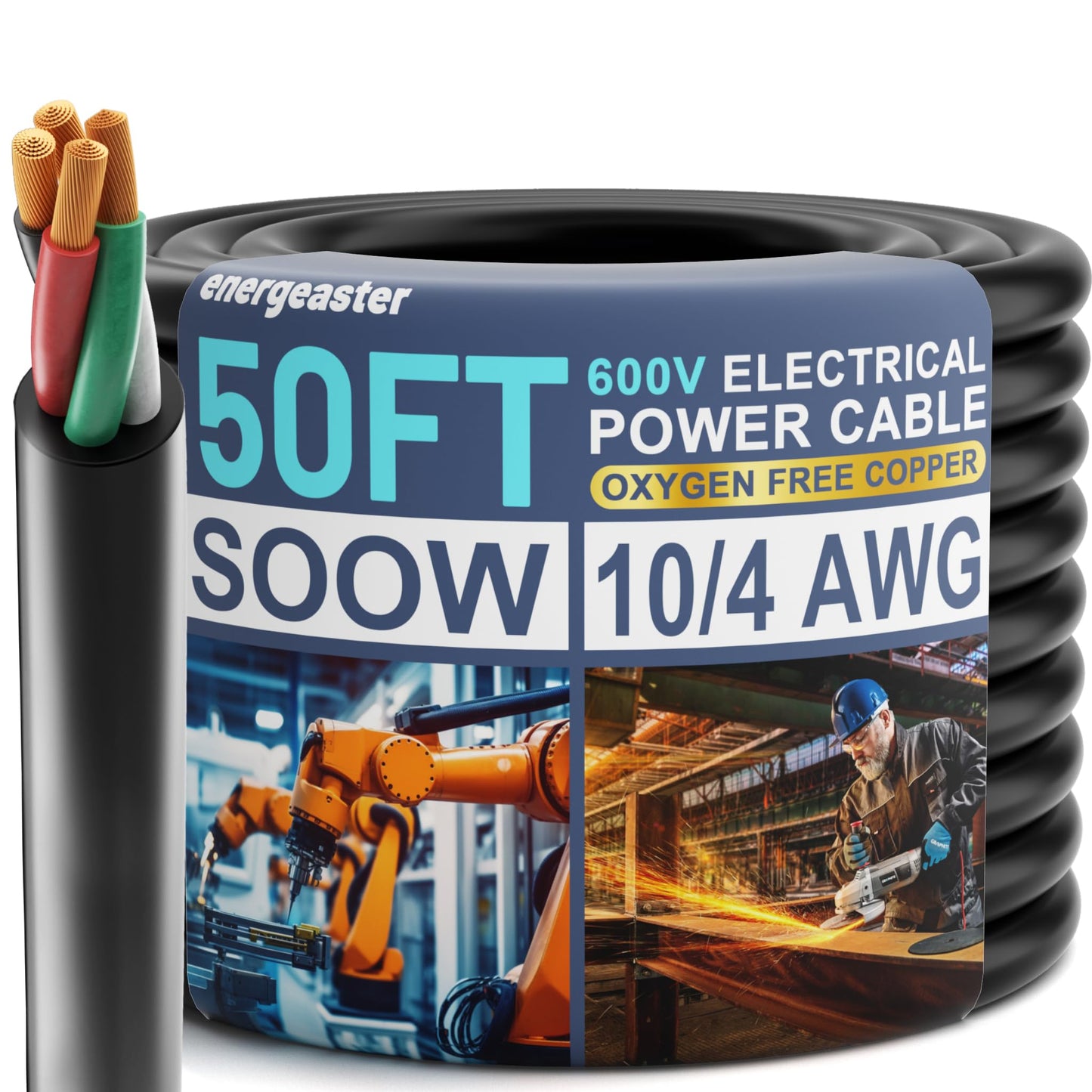50FT 10/4 SOOW Portable Power Cable-10 Gauge 4 Conductor-10AWG 600V 30A Bulk Cable Water & Oil Resistant Electric Wire for Welder,Generator,Motor Lead,Circuits,EV Car Charger,Heat Pump,Light(ETL)