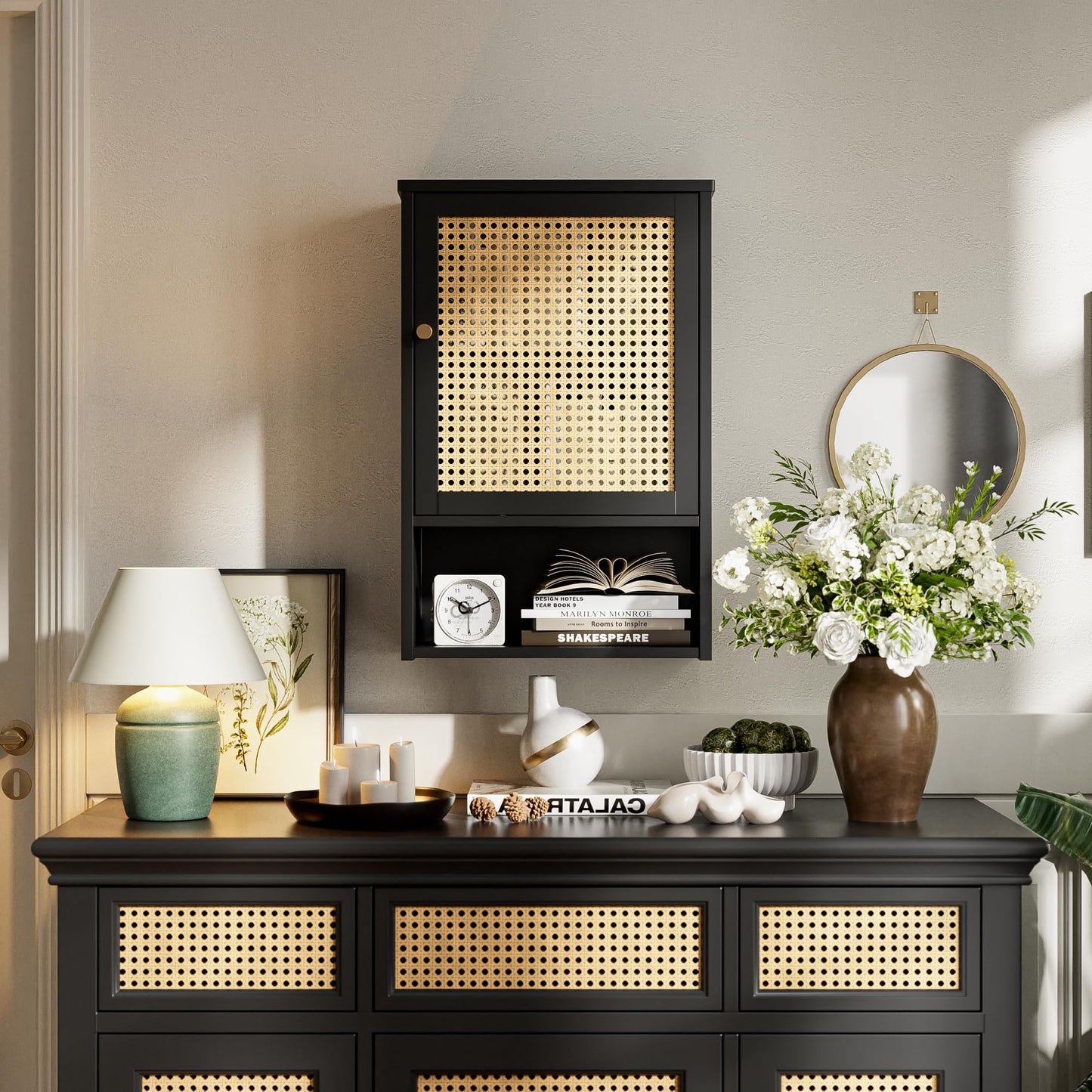 vovala Bathroom Wall Cabinet, Bamboo Over-The-Toilet Storage Organizer with Rattan Doors and Adjustable Shelf, Space Saver Medicine Cabinet for Laundry, Kitchen, Living Room (Black)