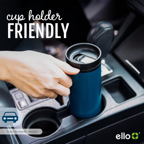 Ello Magnet 18oz Stainless Steel Travel Mug with Handle and Leak Proof Lid | Vacuum Insulated Coffee Cup Keeps Drinks Hot for 5 Hours | BPA Free Tumbler with Built In Coaster, Poseidon
