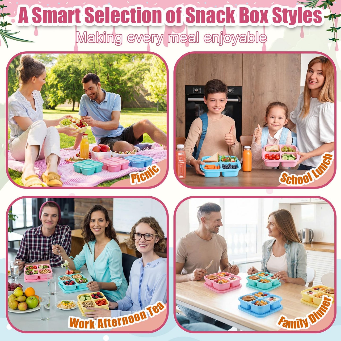 Acellegic 24 Pcs Bento Snack Box Containers Set 4 Compartment Food Storage Container with Lids Reusable Stackable Lunch Box for Family, Work, Travel, Microwave and Dishwasher Safe (4 Color)