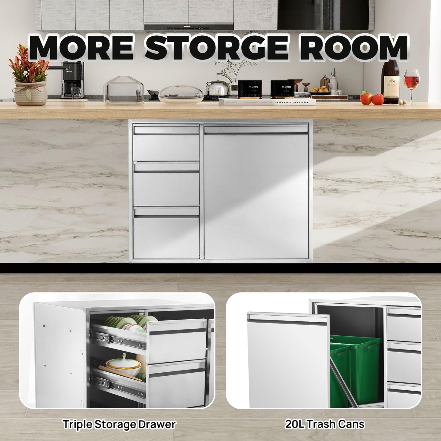 POPMOON Outdoor Kitchen Drawer Combo with Triple Drawers & Trash Bin Compartment | Includes 2X 20L Trash Cans | Outdoor Kitchen Access Drawers for Grill Station, 28" W x 22" H x 19" D