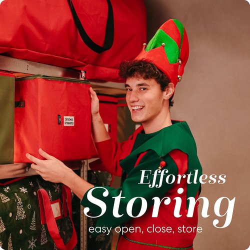 Handy Laundry Christmas Ornament Storage - Holds Up to 64 Ornaments | Adjustable Dividers & Zippered Top (Red)
