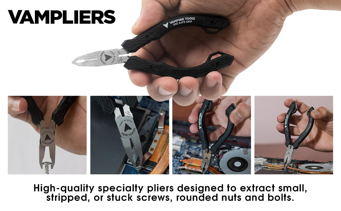 VAMPLIERS 4-PC Screw Extractor Pliers Set Made in Japan: 8" Linesman, 7.5" Long Nose, 6.25" Combination, 5" ESD Safe Mini Plier + Tool Pouch. Remove any Stripped/Damaged/Rusted Screws.