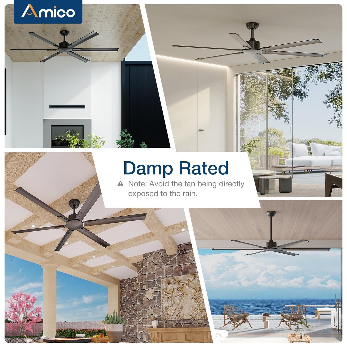 Amico 100 Inch Ceiling Fans Without Lights, Indoor/Outdoor Ceiling Fan with Remote Control, Reversible, 6 Blades, Noiseless, Industrial Black Ceiling Fan No Light for Patio, Porch, Garage, Shop