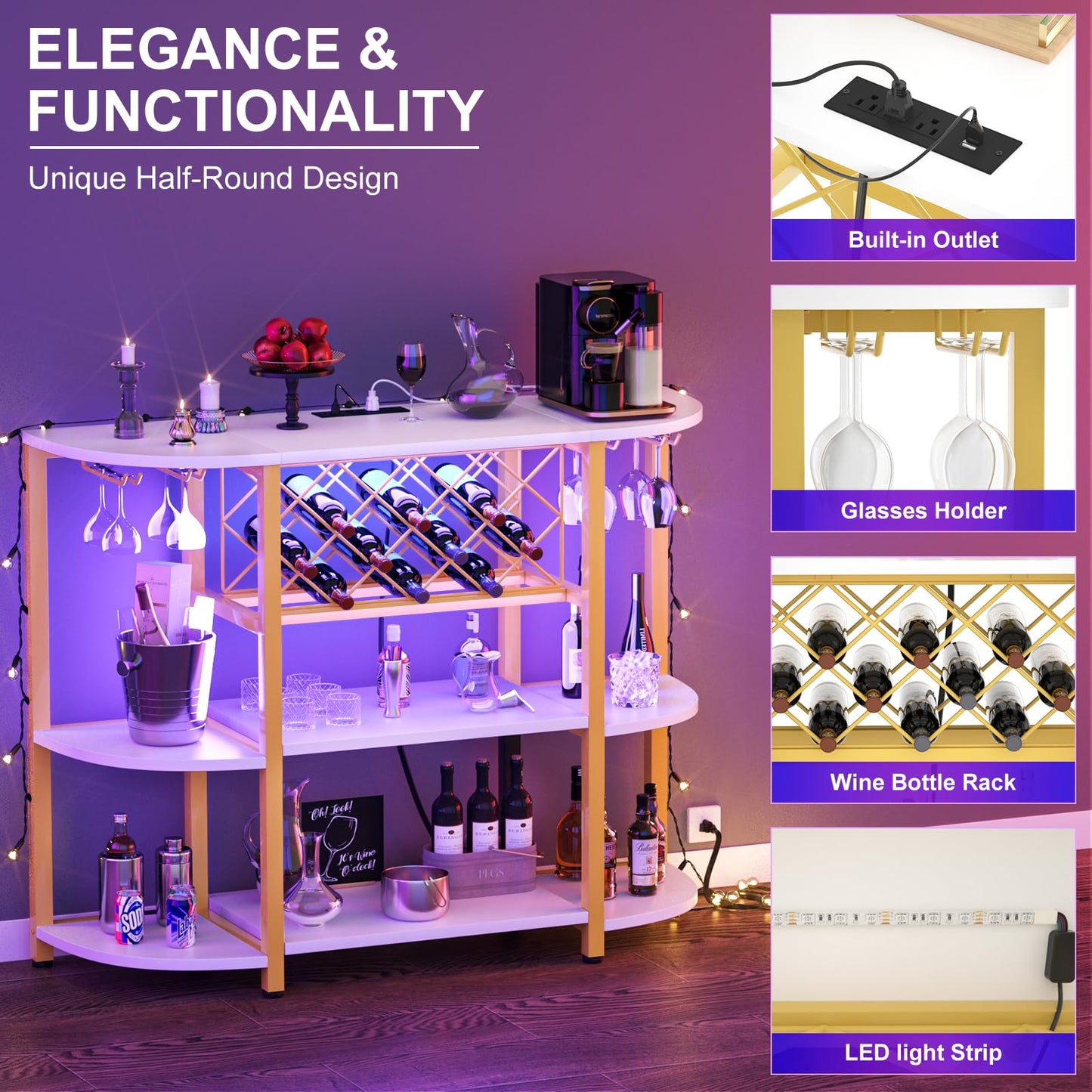 Unikito 4-Tier Metal Coffee Bar Cabinet with Outlet and LED Light, Freestanding Floor Bar Table for Liquor with Glass Holder and Wine Storage, Wine Bakers Rack for Kitchen Dining Room, White and Gold
