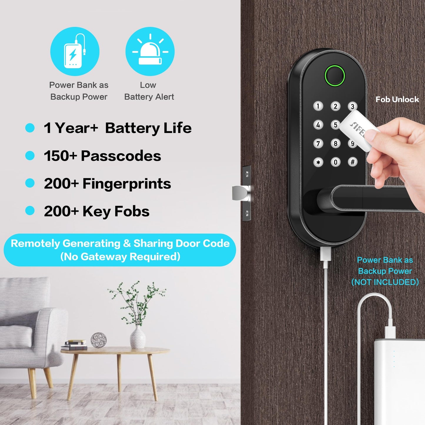 Fingerprint Smart Door Lock with Handle & Keypad – Bluetooth Keyless Entry for Front Door, Home, Kids, Guests, Airbnb & Rental, App + Code Access, Compatible with Alexa & Google, Easy DIY Install