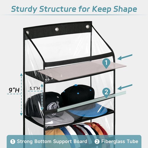 AOODA Clear Over The Door Hat Rack - Large Storage Organizer for Up to 72 Baseball Caps | Black