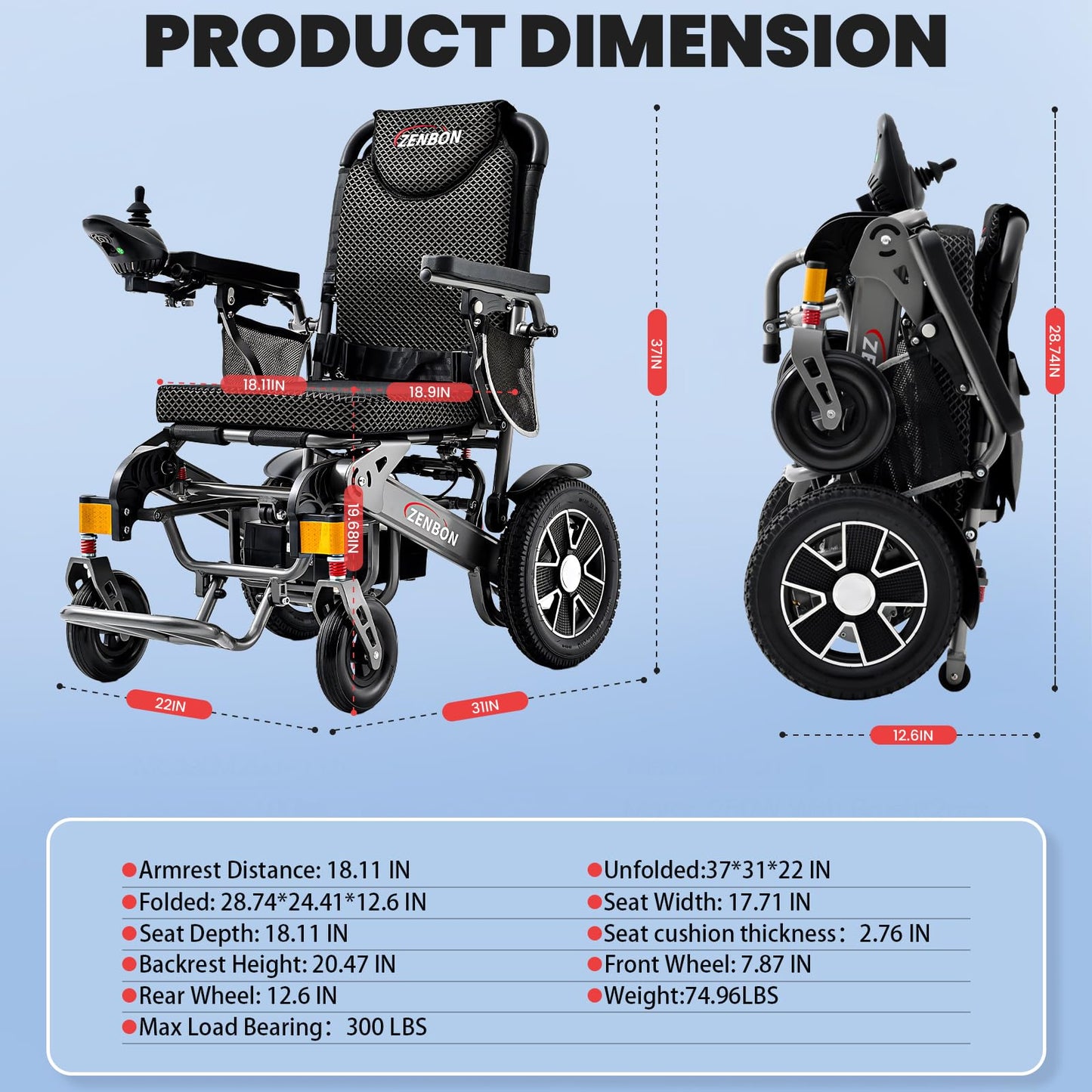 Electric Wheelchair ZENBON Lightweight Extra Wide Automatic Folding Motorized Wheelchairs for Seniors/Adults Motorized Mobility Device All Terrain 700W Power Wheel Chairs with Baskets 330Lbs (Silver)