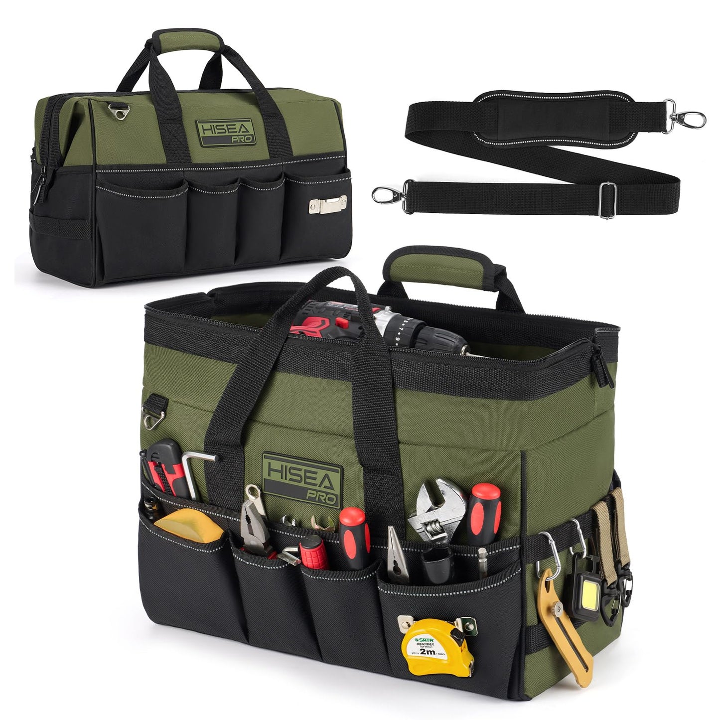 HISEA Heavy Duty Tool Bag 20 Pockets, 16-Inch Portable Tool Box Organizer, 600D Waterproof Wide Mouth Large Storage Toolbag for Electrician, Tradesman with Adjustable Shoulder Strap