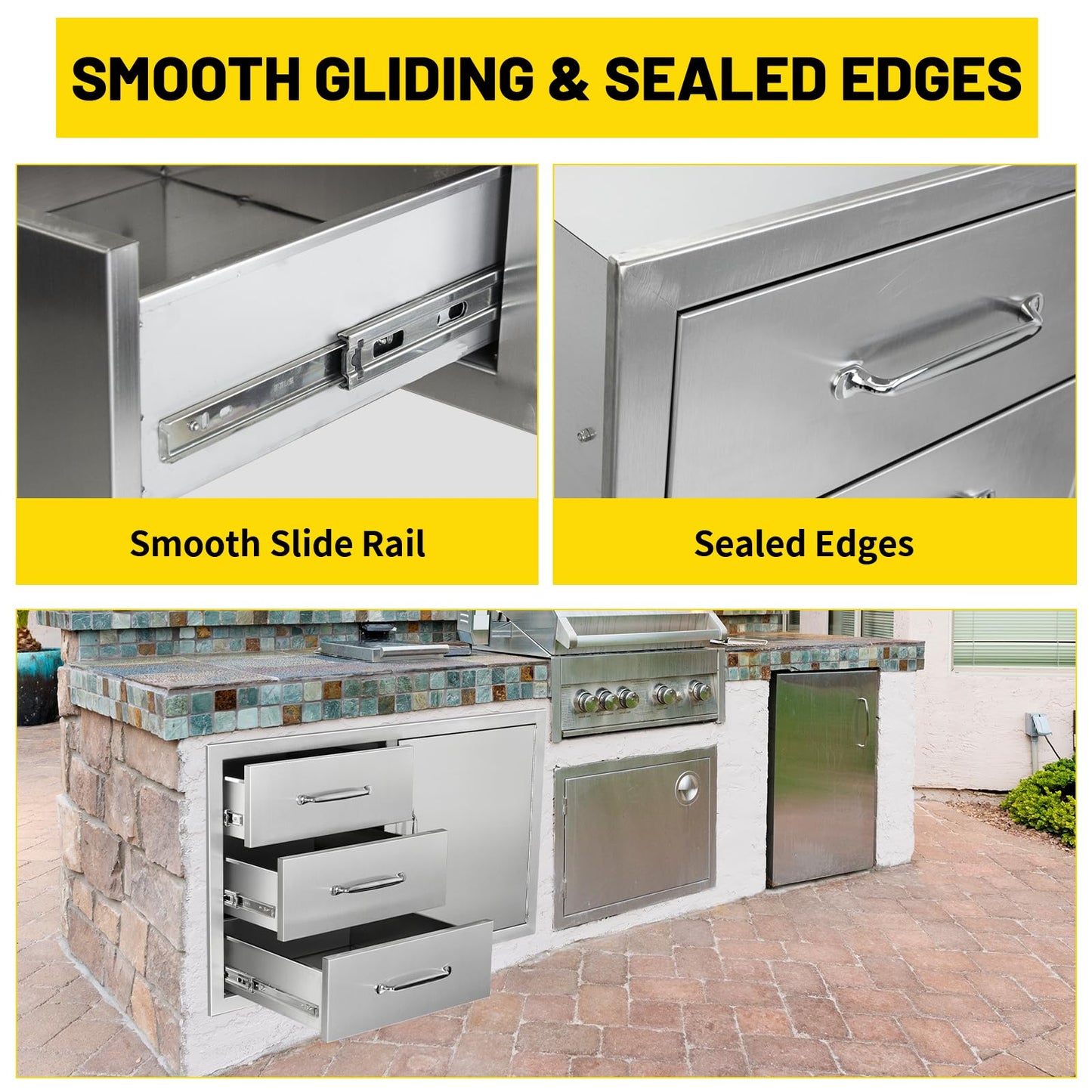 SGOLAN Outdoor Kitchen Door Drawer Combo Cabinet 38.1W x 22.6H x 20.8D BBQ Access Door&Triple Drawers Combo, Stainless Steel Handles for Outdoor Kitchen Island
