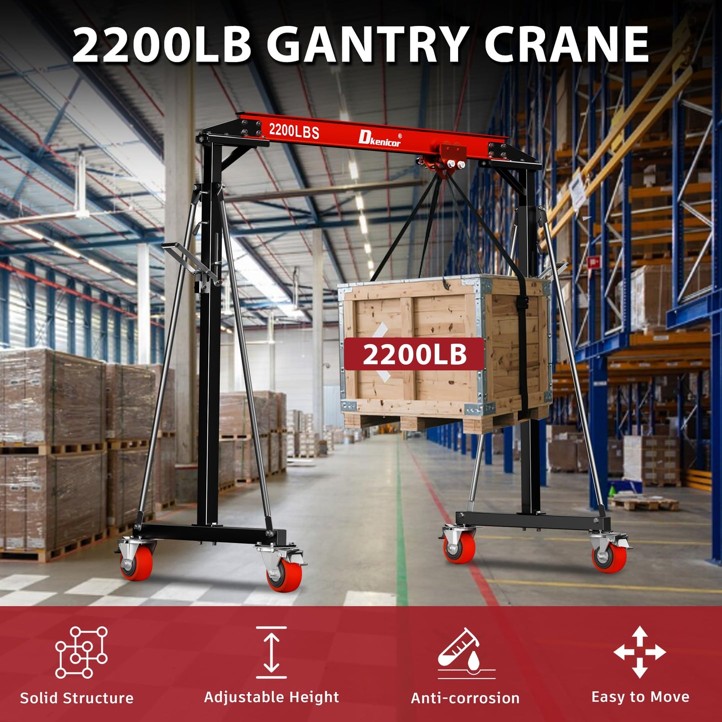 Dkenicor Adjustable Gantry Crane, Max 3000Lbs Adjustable Height 8.57 to 12.14ft, Steel I-Beam Construction Portable Shop Hoist for Factories, Warehouses, Auto Repair, Construction Site, Red