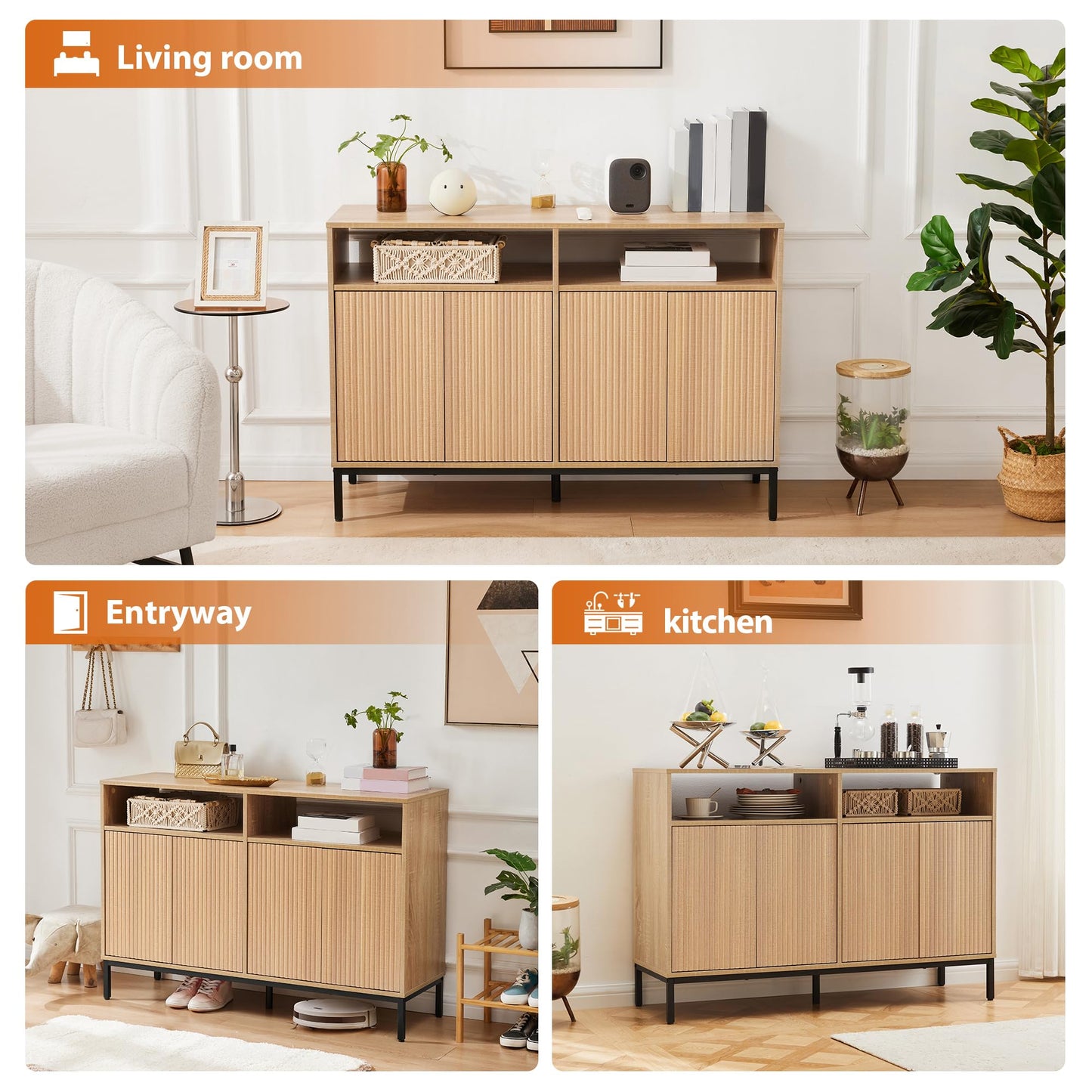 Mericonia Farmhouse Buffet Sideboard Cabinet with Storage, Fluted Coffee Bar with Doors and Adjustable Shelves, Modern Wood Console Cabinet for Kitchen, Livingroom (Fluted 4 Door, Natural)