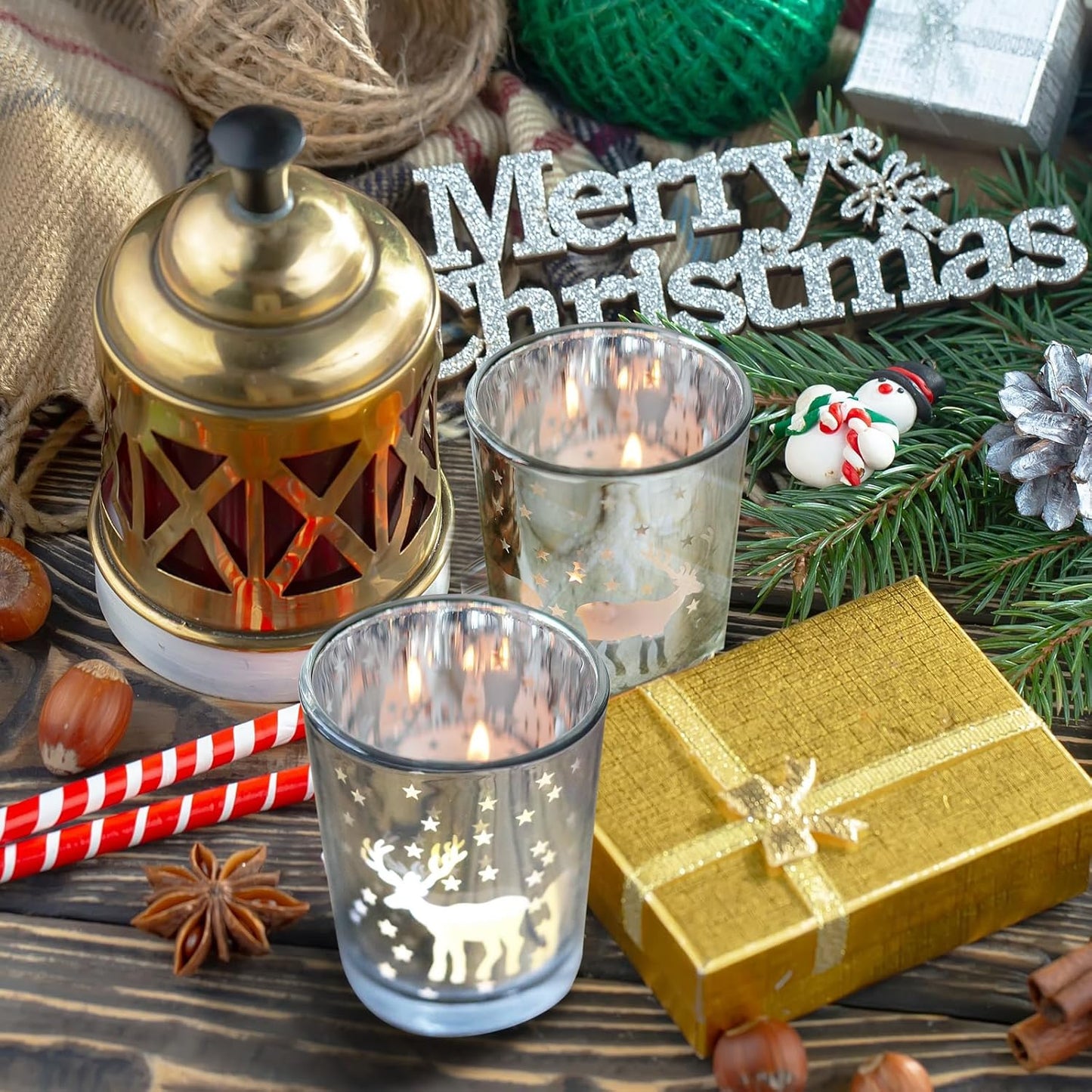 Skiennix Silver Votive Tealight Candle Holders - 12PCS Carved Reindeer Xmas Table Centerpiece Decor