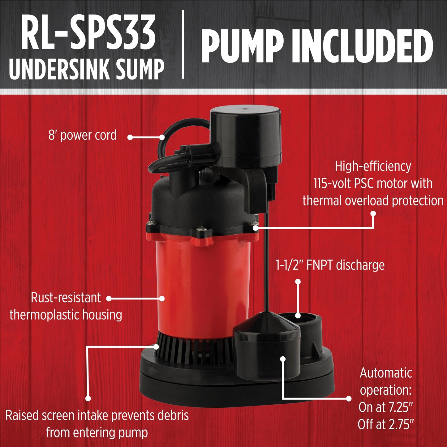Red Lion RL-SPS33 1/3 HP, 115-Volt, 3200 GPH Under-Sink Sump Pump System with 6 Gallon Basin, Red/Black, 14942736