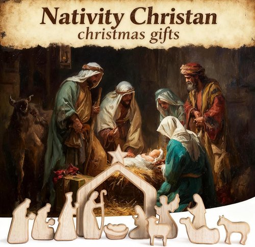 Nerosun Nativity Scene Set - 13-Piece Wooden Christmas Figurines | Minimalist Boho Manger Decor for Home