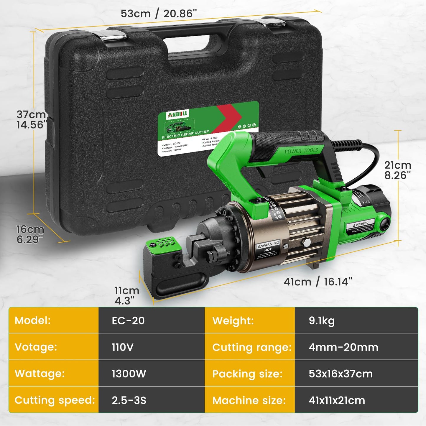 Anbull 1300W Electric Hydraulic Rebar Cutter, Cutting up to 3/4 Inch 4-20mm #6 Rebar, with Replaceable Jaw Blades, Cutting Speed 2.5-3S (1300W EC-20)