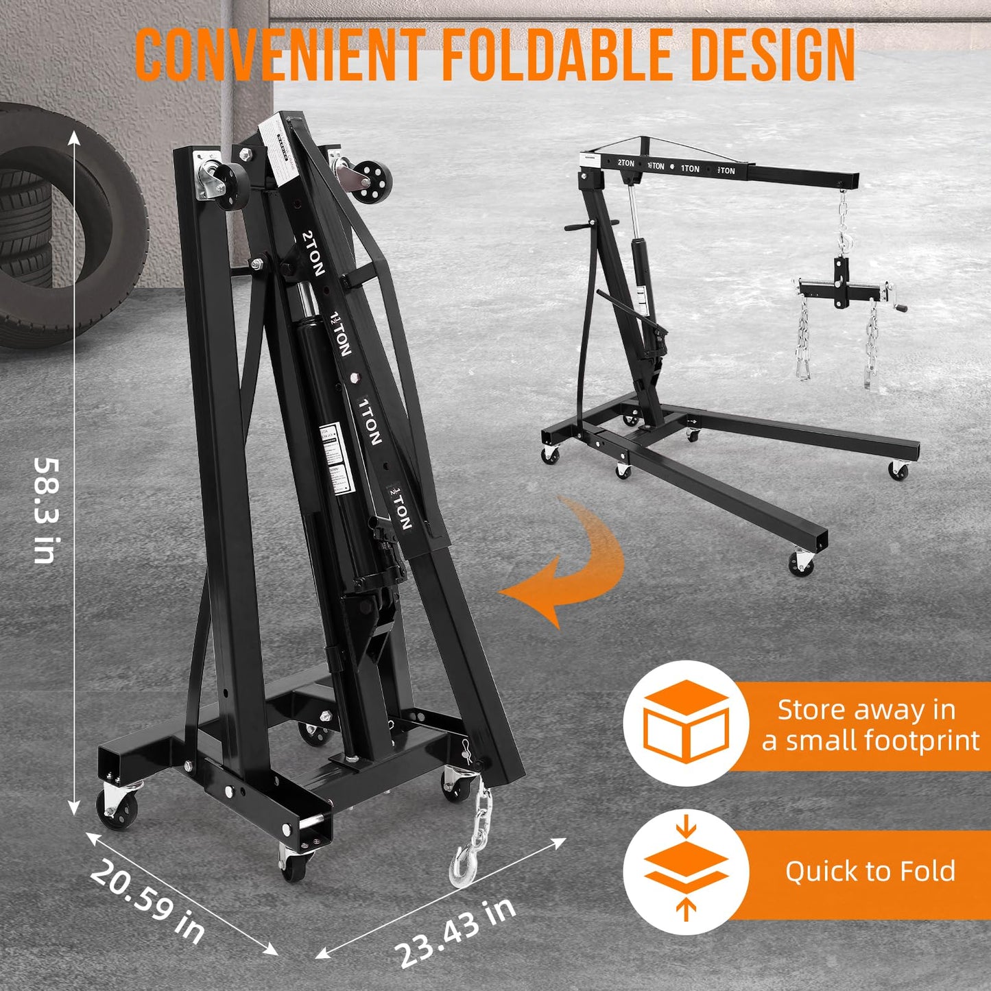 2 Ton Folding Hydraulic Engine Hoist with Lever, Folding Engine Shop Crane Hoist Lift, Heavy Cherry Picker with 6 Wheels for Garage, Workshop,Black