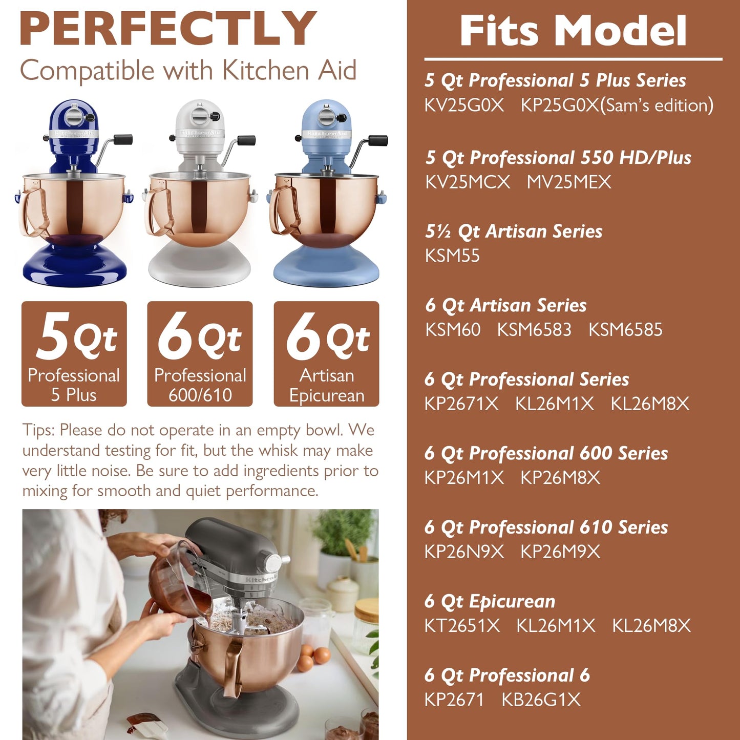 Wiselet Copper Color Stainless Steel 6 Quart Mixing Bowl for Kitchen Aid Professional Bowl Lift Stand Mixer, Heavy Duty Extra Mixer Bowl fits KP26, KB26, Dishwasher Safe, Ergonomic Handle