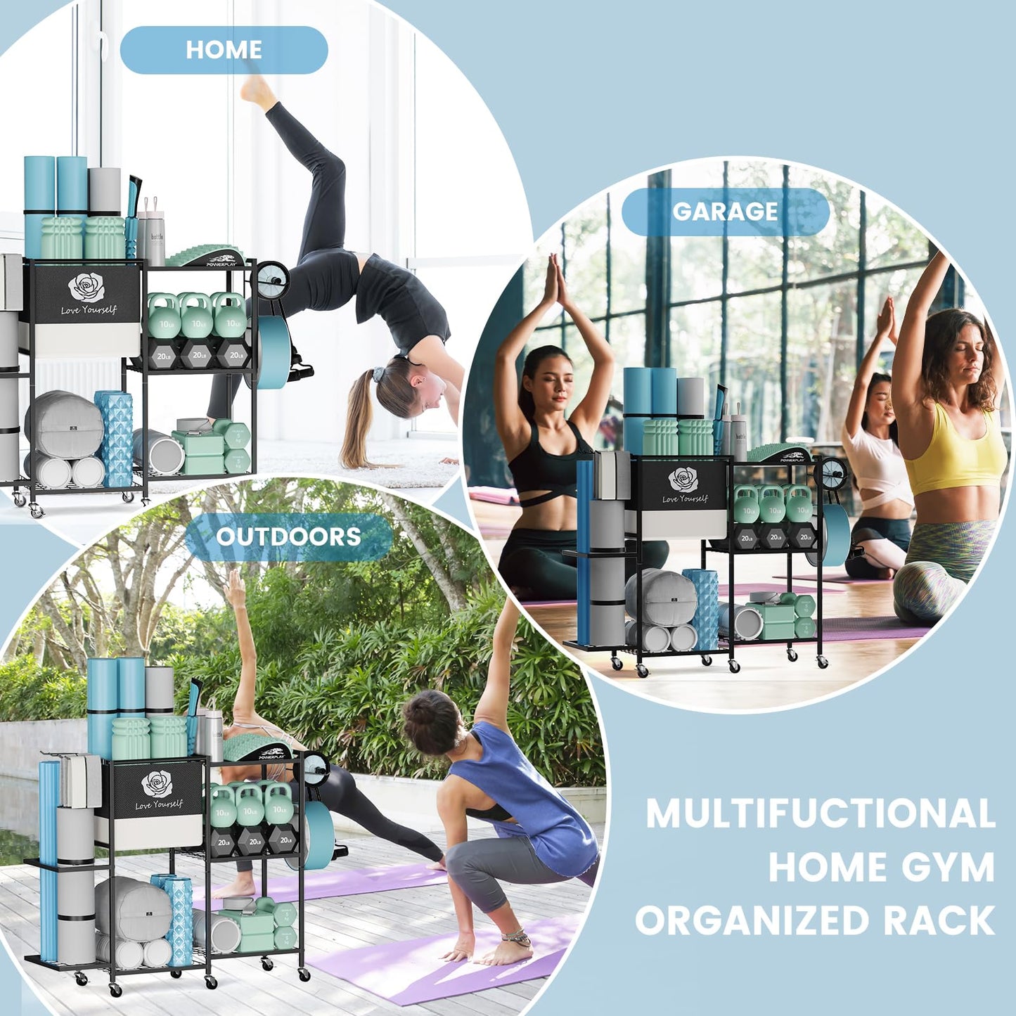 Yoga Mat Storage Rack，Home Gym Storage Rack Gym Workout Equipment Storage Organizer Fitness Weight Rack on Wheels for Yoga Mat,Yoga Block,Foam Roller,Resistance Band,Dumbbell,Kettlebell (Large Dark)