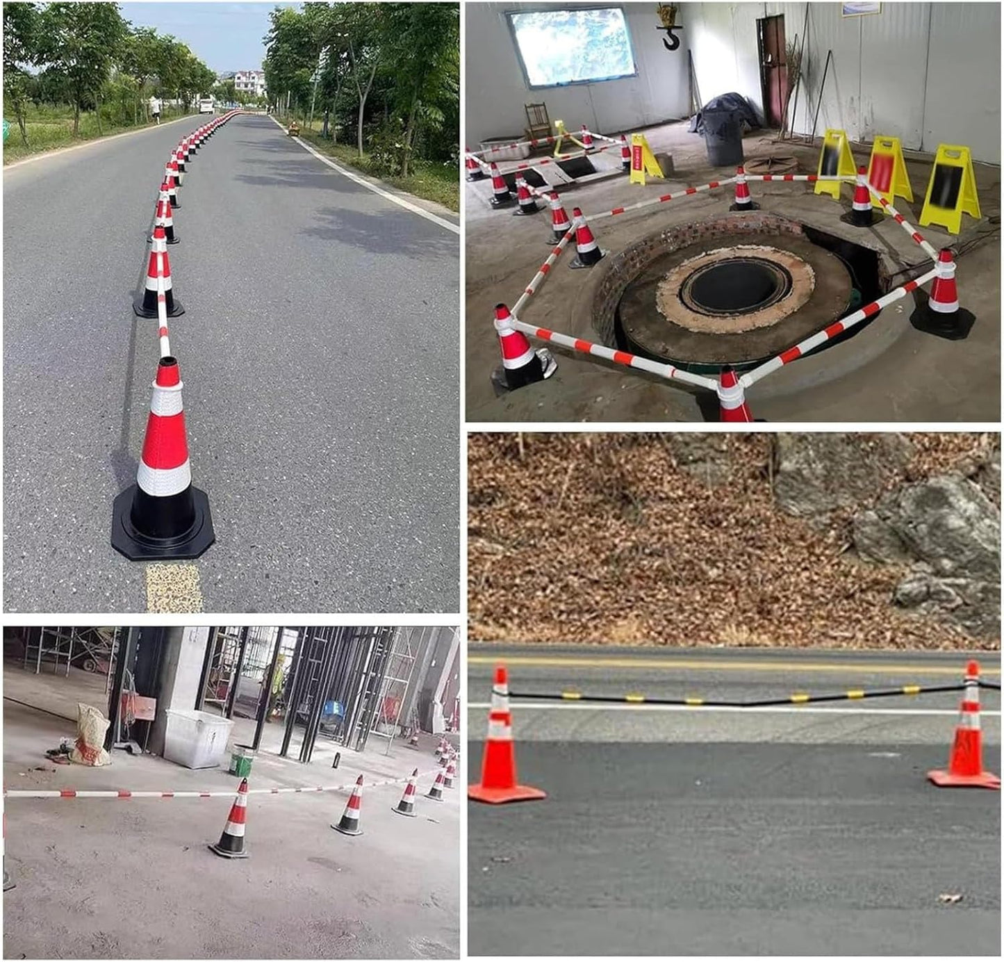 Heavy Duty Reflective Traffic Cone Bar, Expandable 4.5ft-8ft Adjustable Safety Barrier, Durable PVC with Red Tape, Ideal for Road Safety, Construction, and Events (6PCS)