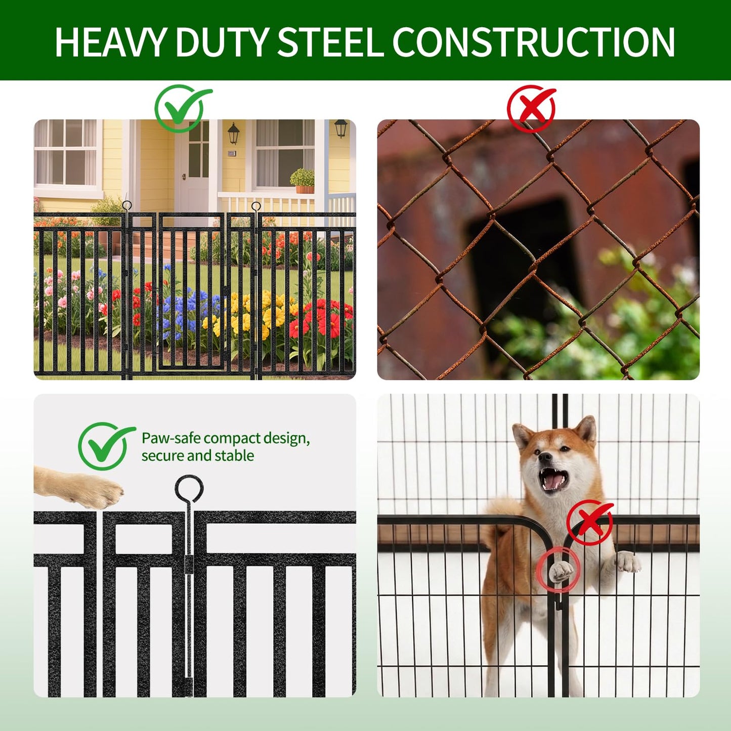 Decorative Garden Fence Metal Dog Fence Outdoor, 40in (H) x 90ft (L), 35 Panels + 5 Gates, Heavy Duty Garden Fencing Animal Barrier for Patio & Flower Bed, Black-Silver