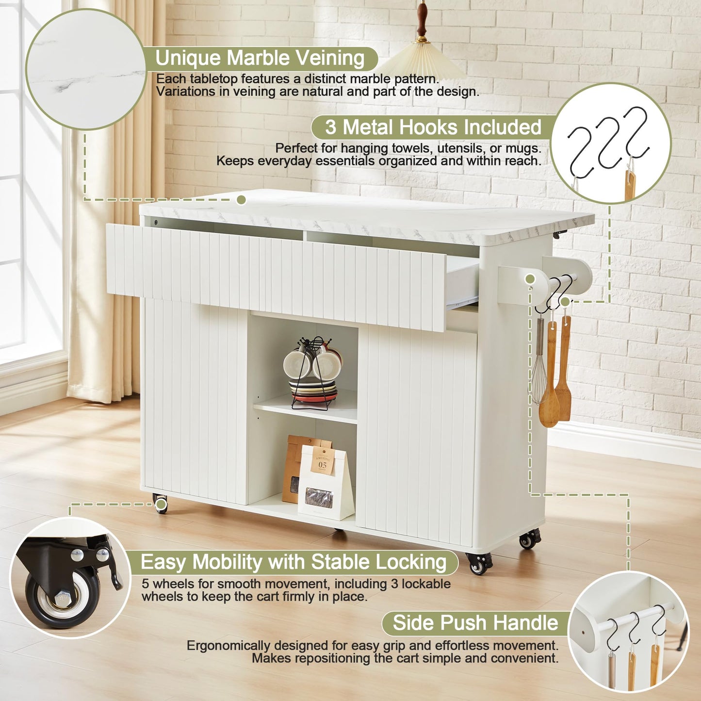 weselon 47" Mobile Kitchen Island with Storage & Drop Leaf, Rolling Kitchen Cart on Wheels with 2 Drawers, Adjustable Shelves, Towel Rack & Hooks, Faux Marble Top Island Table for Kitchen (White)