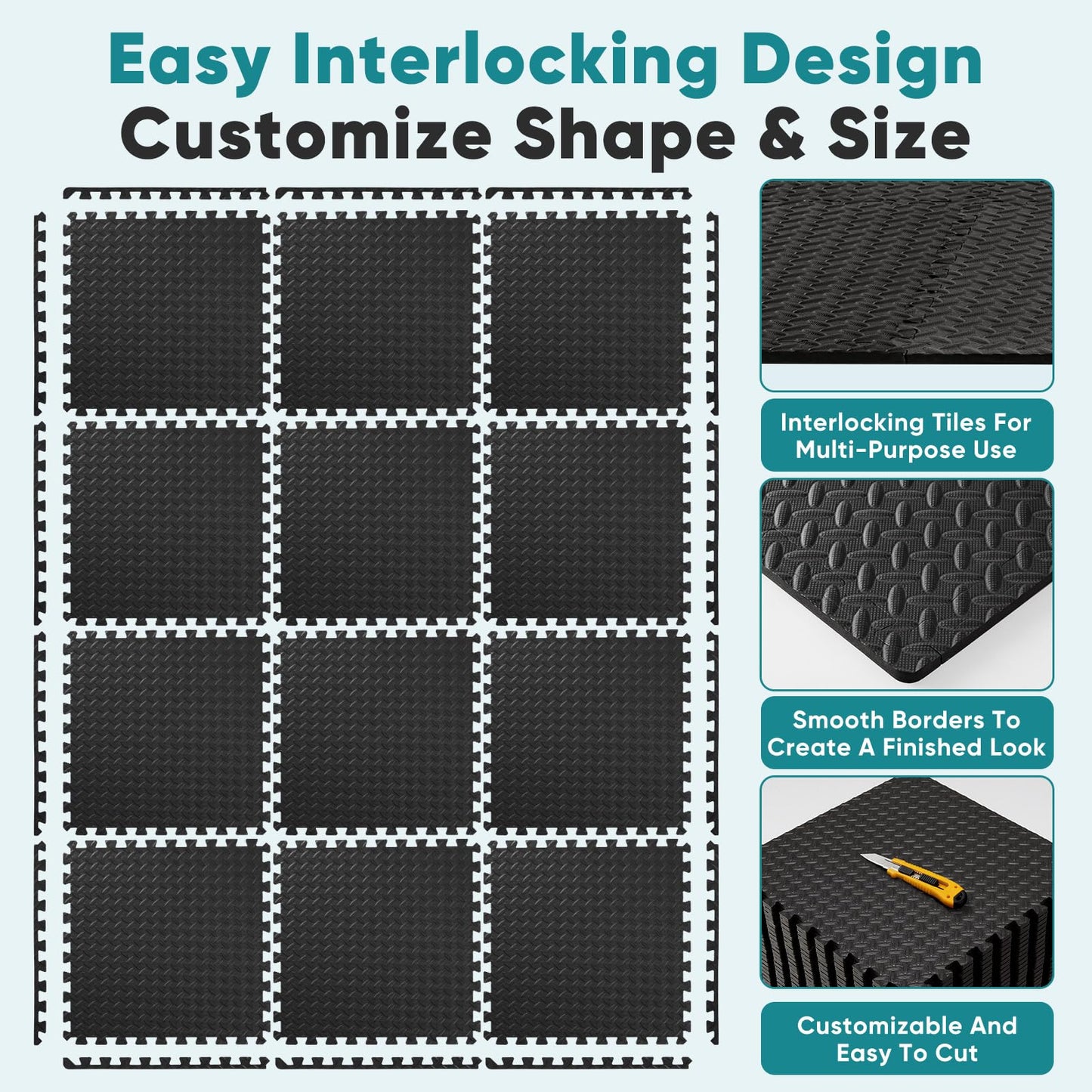 OLIXIS Interlocking Foam Floor Tiles, 1/2 Inch Thick Non-Slip Gym Flooring Mats for Home Gym, Garage Floor Mats Protective Workout Room Tiles for Weight Lifting & Cardio, 12 Pcs