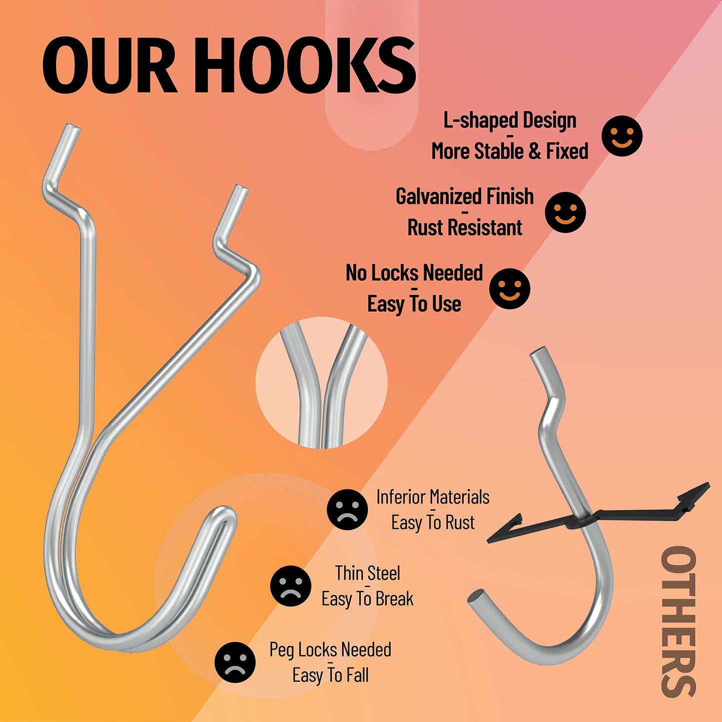 HUHOLE 40 Pack Pegboard Hooks J-Hook – 1 Inch Silver J Hooks for Pegboard – Heavy Duty Peg Board Hooks for Hanging Jewelry, Keys, Retail Items & Small Tools – Fits 1/8” & 3/16” Pegboards