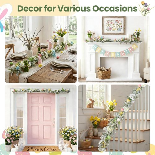 6 Ft Easter Garland, Easter Egg Lambs Ear Garland for Mantle, Spring Summer Pastel Artificial Flower Garlands, Easter Decorations for Home Mantle Fireplace Indoor Decor