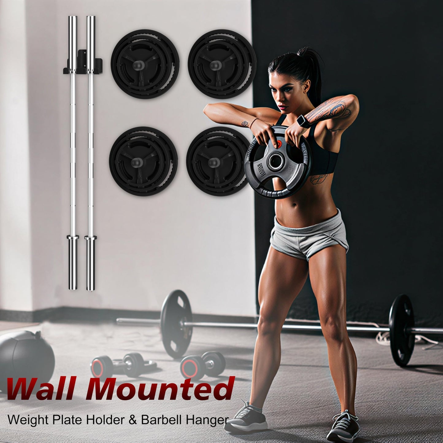 Rumoid 4 Pack Wall Mounted Weight Plate Holder and 1 Pack 2 Hooks Barbell Hanger, Weight Plate Holder for 2" Weight Plates, Vertical Barbell Holder With Protective Rubber Pad for Garage Home Gym