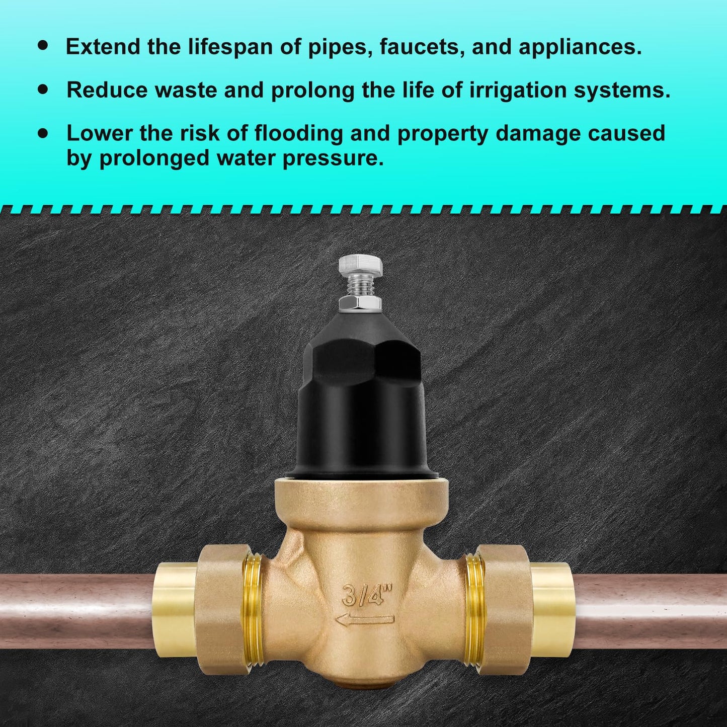 NR3XLDU 3/4" Brass Pressure Reducing Valve With Double Union FNPT Connection, Built-In Stainless Steel Filter, Primarily Used In Residential Settings And Public Entrances