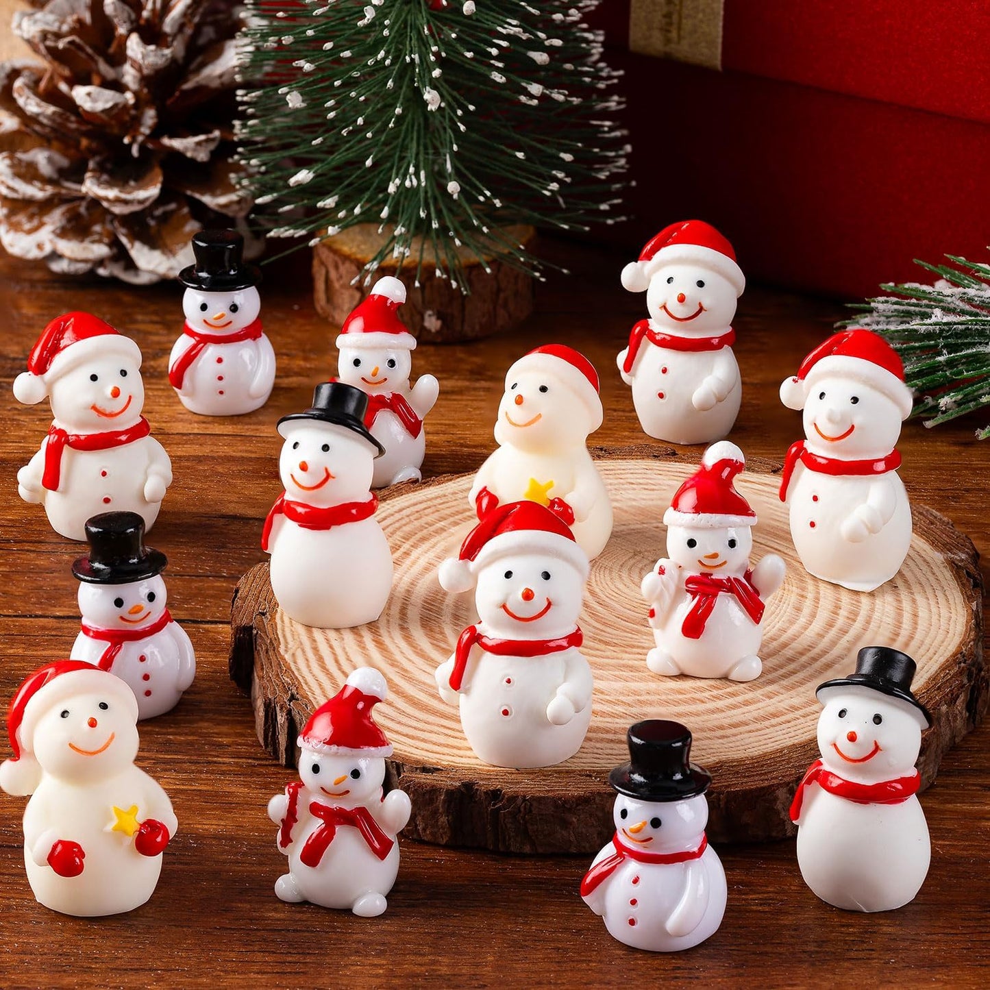 Skiennix Mini Snowman Figurines - 36Pcs Resin Snowmen with Hats for DIY Christmas Decor