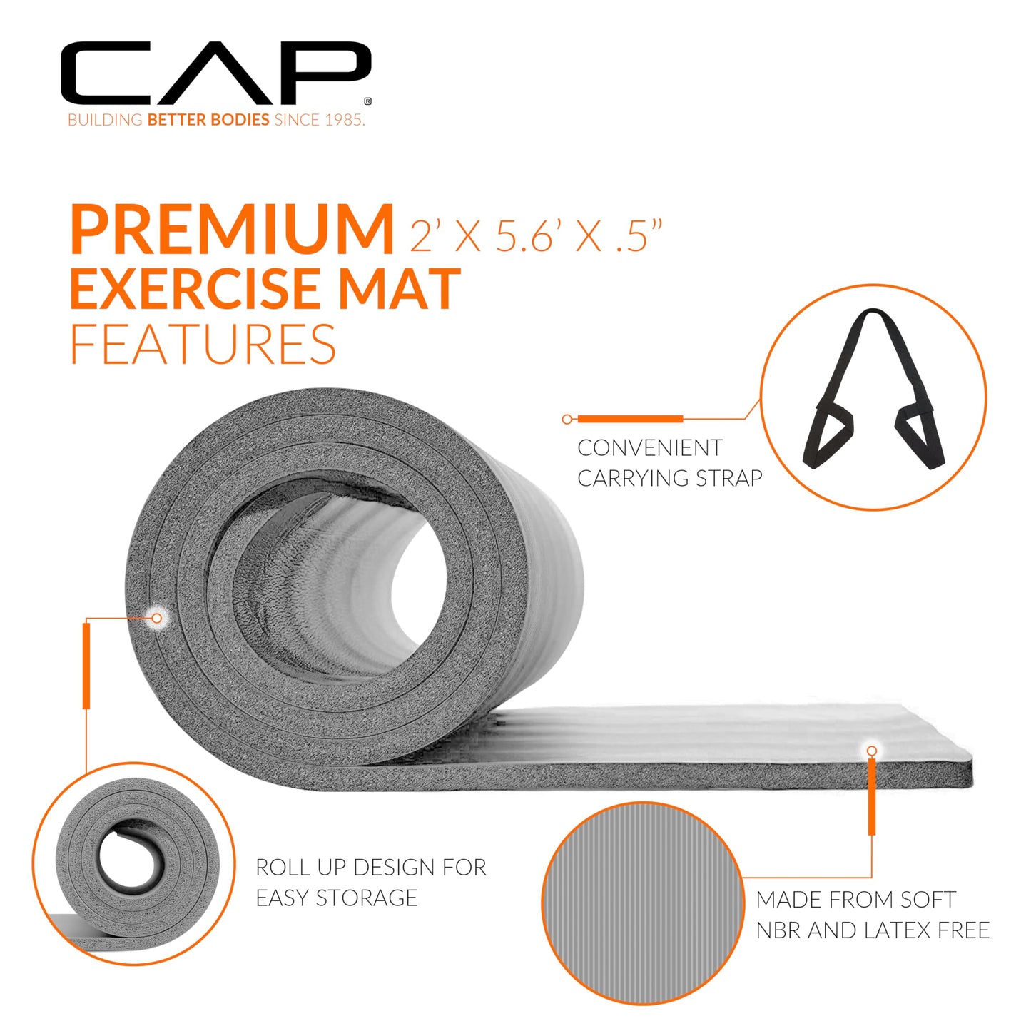 CAP Barbell High Density Exercise Yoga Mat with strap, 68"x24"x 1/2" - Sage Green