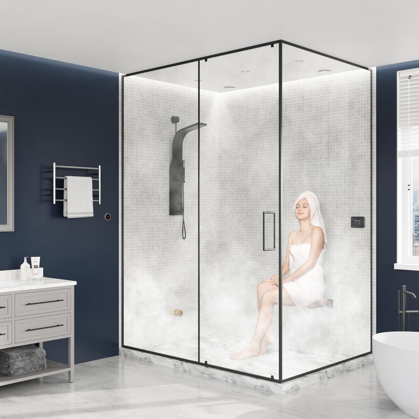 SaunaSpa Builders Series 10.5kW Steam Bath Generator with Quickstart Continuous Steam, Black Digital Touch Pad, Built-in Auto-Drain, and Aroma Steamhead in Matte Black