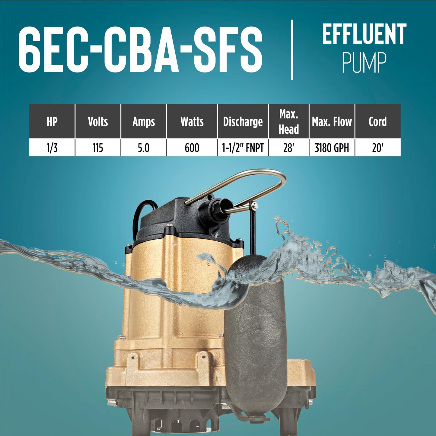 Little Giant 6EC-CBA-SFS 115 Volt, 1/3 HP, 3180 GPH, Automatic Epoxy Impregnated Cast Bronze Sump/Effluent Pump for Salty/Briny Water with Integral Snap-Action Switch, 20-Ft. Cord, Bronze, 506811