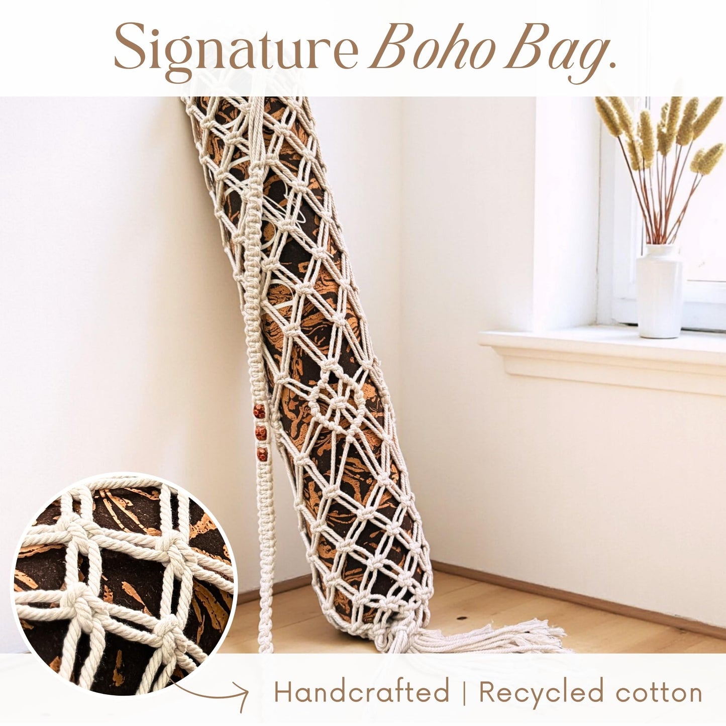 Boho Flow Deluxe Cork Yoga Mat | Caffè Core - Coffee Cork Edition | Eco-Luxury Coffee-Infused Cork Surface, Natural Tree Rubber Base & Signature Handmade Boho Macramé Bag
