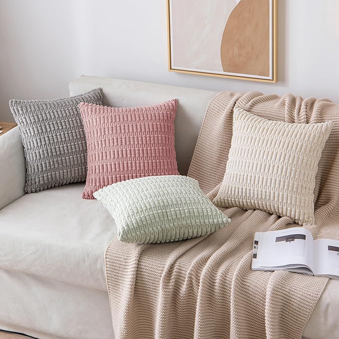 MIULEE Pack of 2 Corduroy Decorative Throw Pillow Covers 18x18 Inch Soft Boho Striped Pillow Covers Modern Farmhouse Home Decor for Sofa Living Room Couch Bed Blush Pink Spring Valentine Decor
