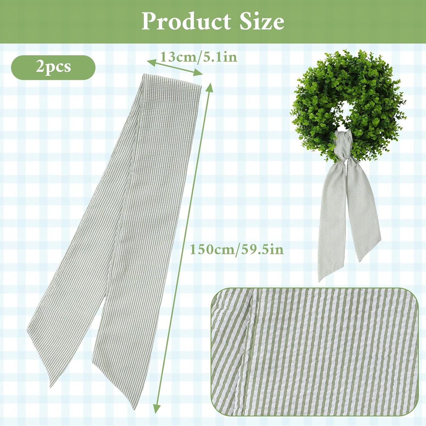 Skiennix Wreath Sash - Holiday Stripes Ribbon for Front Door | 5.1'' W x 59'' L, Green Striped