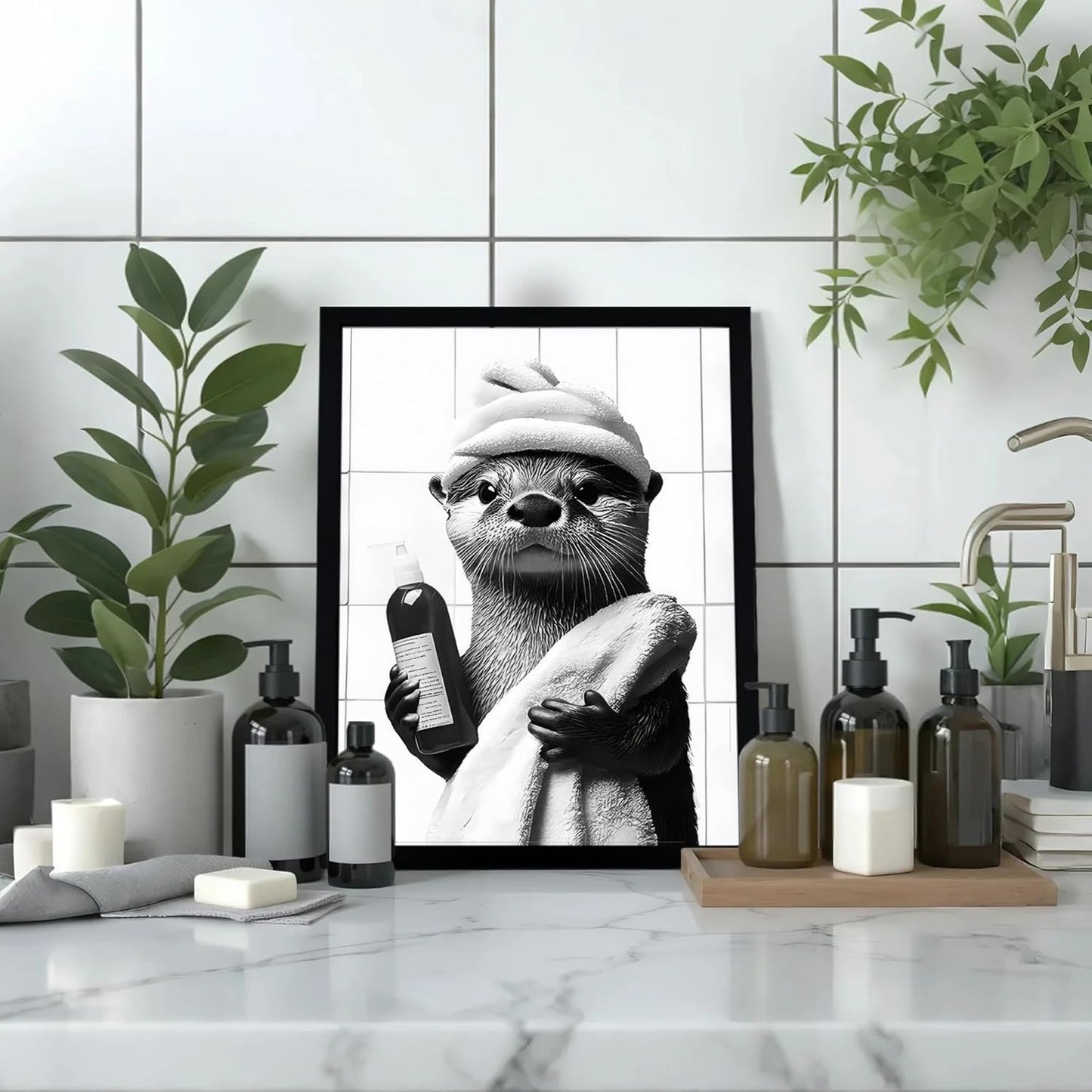SYWENNOI Framed Black and White Bathroom Canvas Art - Funny Otter Bath Decor | Ready to Hang 8x10 Inches