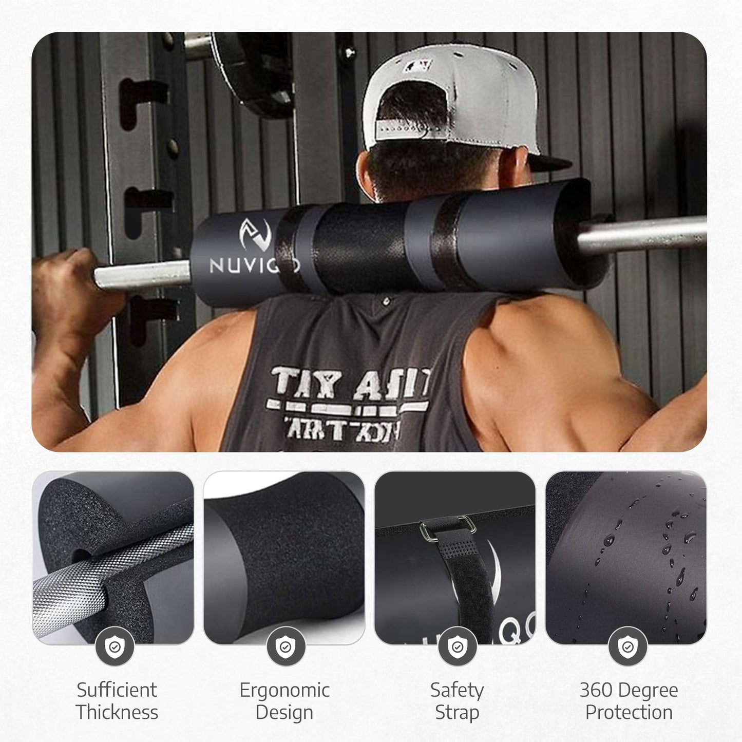 NUVIQO 9 Pcs Gym Accessories Set Featuring Barbell Pad with 2 Safety Straps - 2 Ankle Straps for Cable Machine - 2 Weight Lifting Straps - Hip Resistance Band - Carry Bag for Hip Thrust Pad