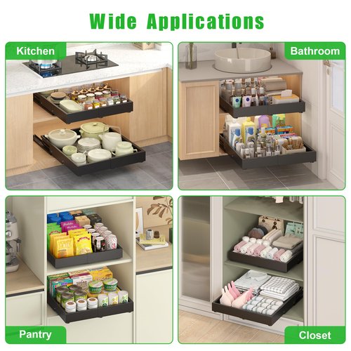 2 Pcs Pull Out Drawers for Cabinets Organizer Expandable Width(11.8"-19.4"), Depth(16.45"-21.7") With 3 Rails, No Drill Roll Out Drawer, Adhesive Sliding Drawers for Kitchen Pantry Storage (Black)