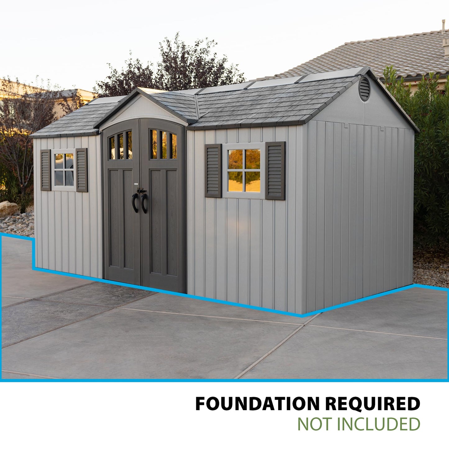 Lifetime Outdoor Storage Shed, 15x8 Ft, Gray, Resin Backyard Tool Shed with Lockable Doors and Weather-Resistant Panels