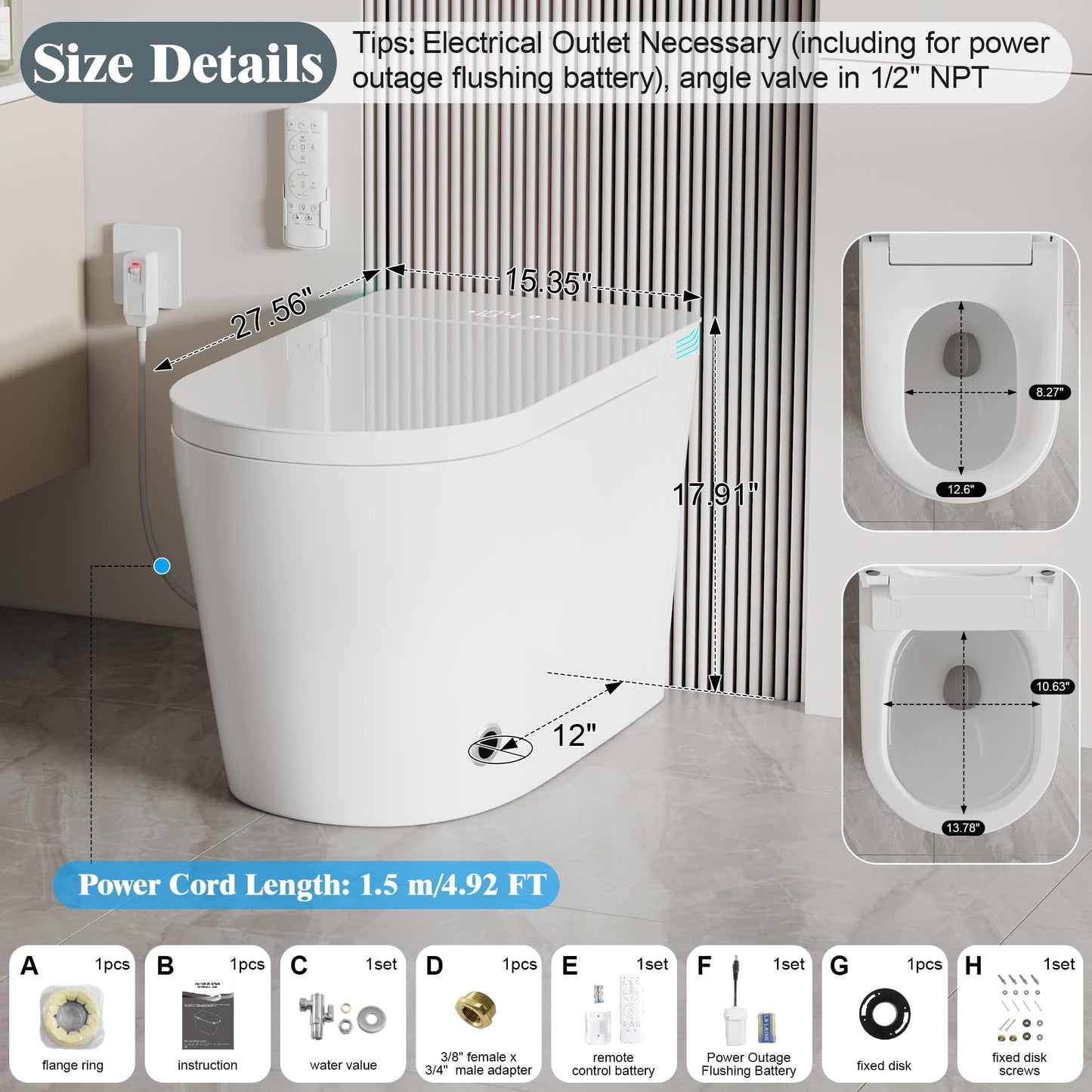 Smart Toilet with Bidet Built In, Elongated Heated Seat, Auto Flush, Manual Soft-Close Seat&Lid, Warm Water Wash&Air Dry, Electric One Piece Toilet for Bathroom with Siphon Dual Flush 0.8/1.2 GPF