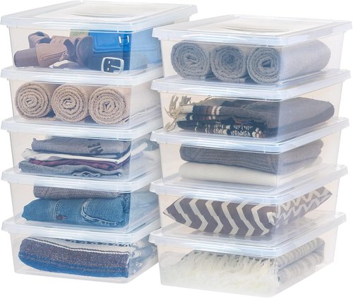 IRIS USA Storage Bins - 10-Pack Clear Stackable Shoe Boxes with Lids | 28 Quart for Organized Closets