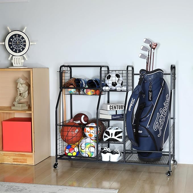 Garage Sports Equipment Organizer & Outdoor Toy Storage, Ball Storage Golf Organizer For Garage with Baskets, 5 Hooks