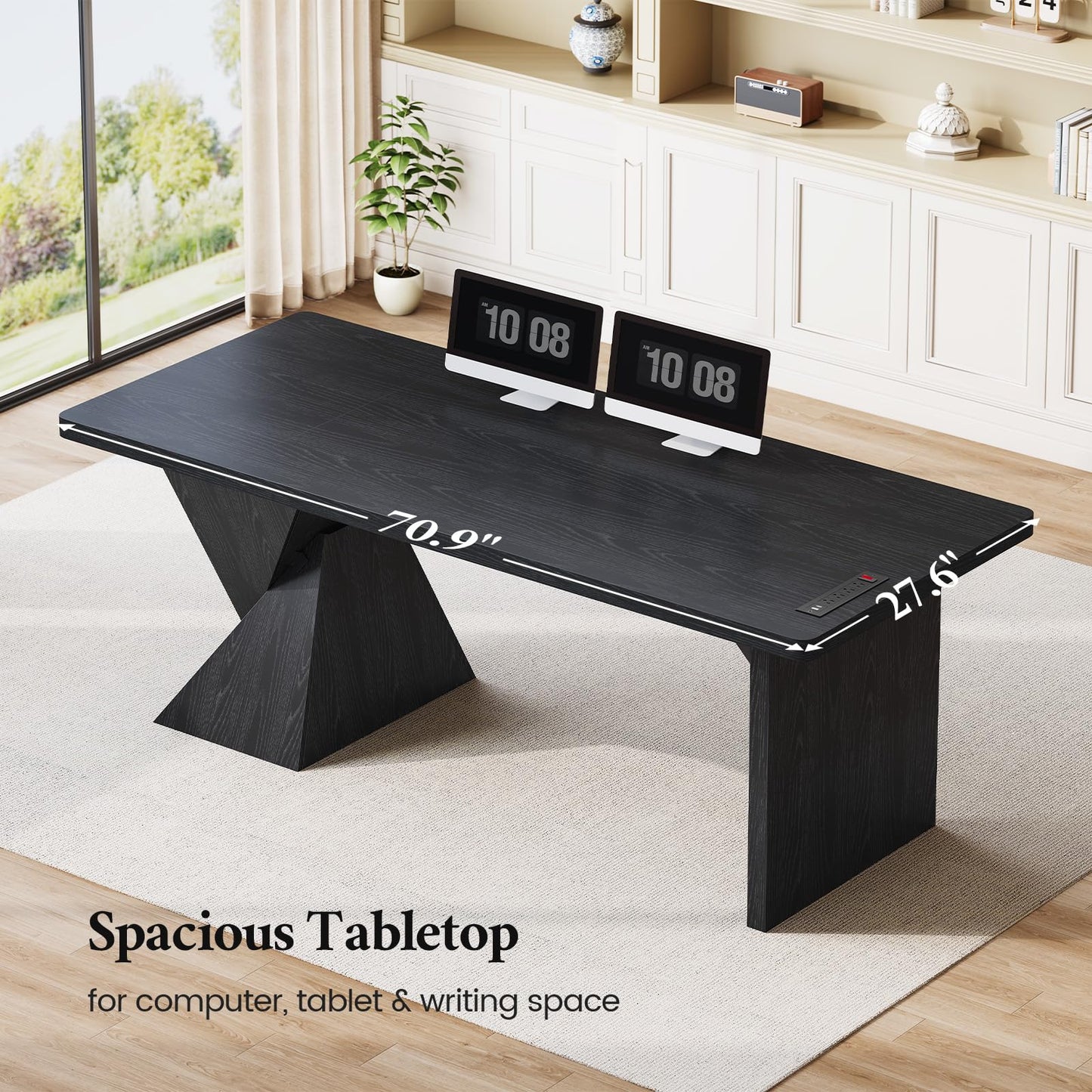 ANGRYWIN 70.9 Inch Executive Desk with Power Outlet, Large Home Office Desk, Modern Aesthetic Computer Writing Table Workstation Business Furniture (Black)