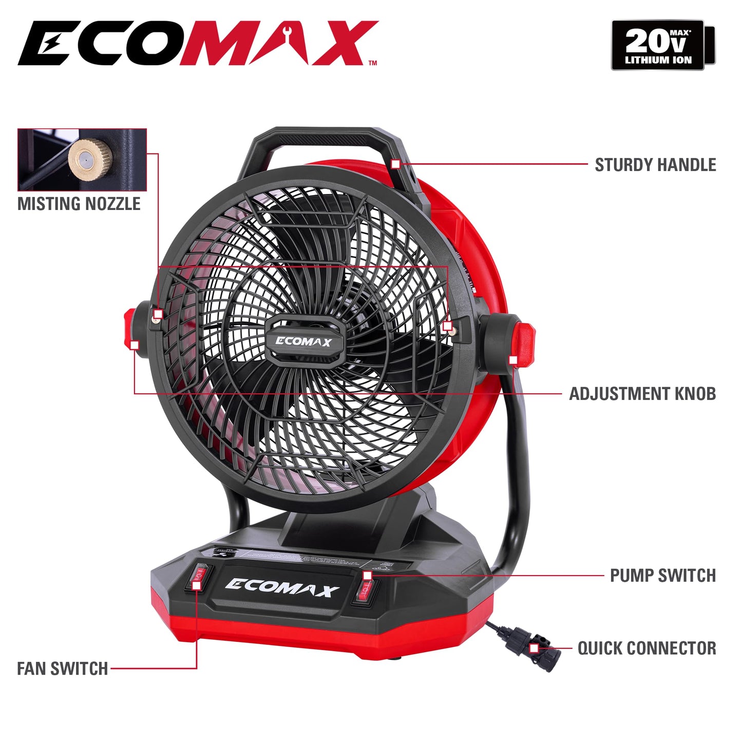 ECOMAX 12" AC/DC Bucket Top Misting Fan, Cordless with 2x20V Batteries & 2A Charger, 2-Speed Airflow & 2-Speed Mist Cooling Fan for Outdoor, Patio, Camping, Fits for 5-Gallon Bucket & Garden Hose
