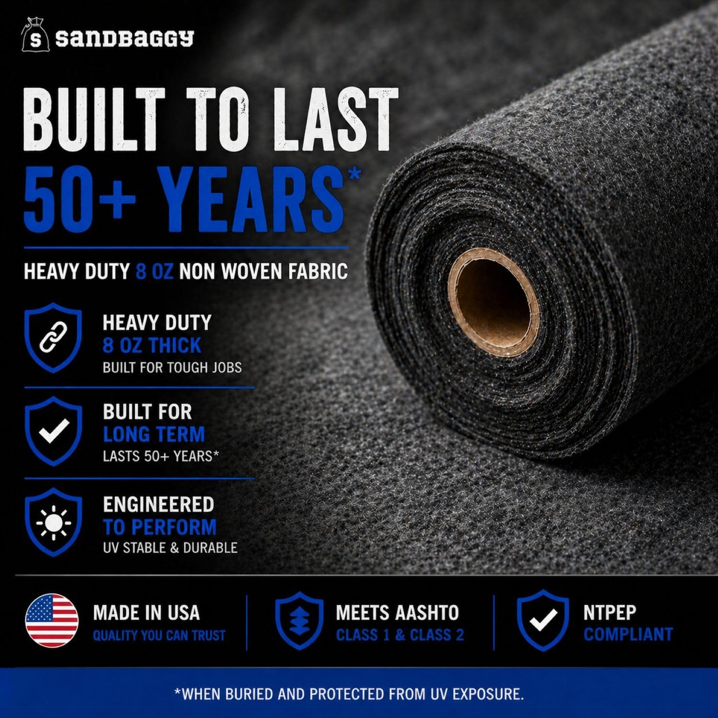 Soil Separation Fabric | Non-Woven Geotextile Filter Fabric (8 oz) – Drainage & Filter Barrier Fabric for French Drains & Trenches | USA Made - Sandbaggy (10 ft x 50 ft Roll)
